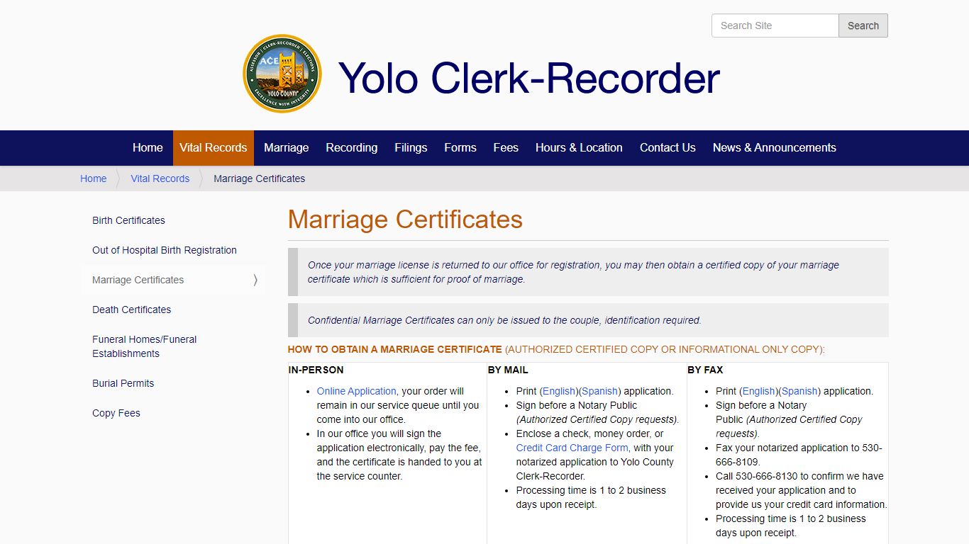 Marriage Certificates — Yolo County California Clerk-Recorder
